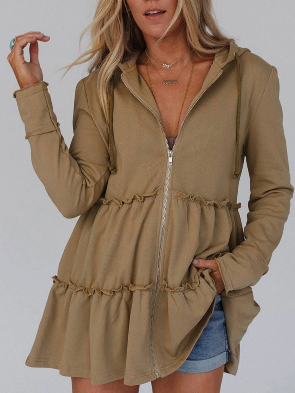 Long Fit Ruffled Hoodie
